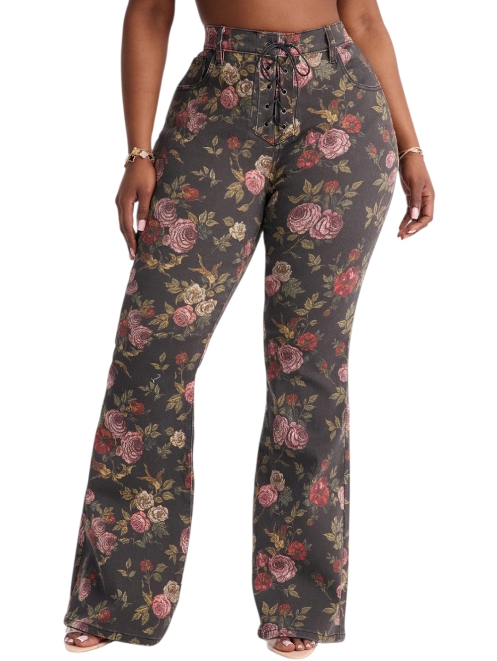 Floral Lace-Up High-Waist Flare Pants - Dark Floral